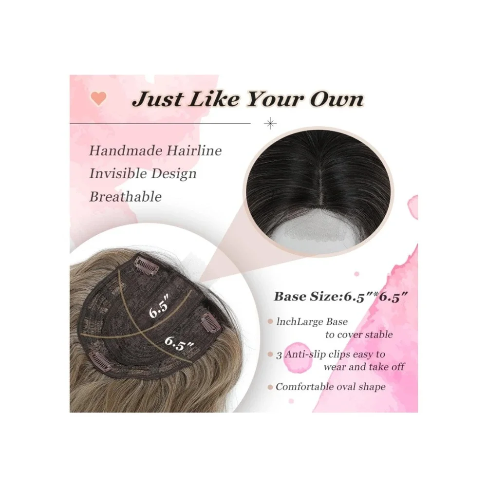 20 Inch Wavy Hair Topper‎ Ombre Blonde Dark Roots 360 3D Silk Base Clip In Bangs